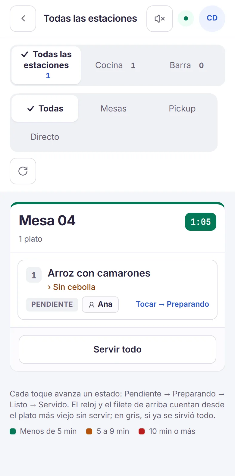 La pantalla de cocina en un teléfono, con la comanda de la Mesa 04 y su nota