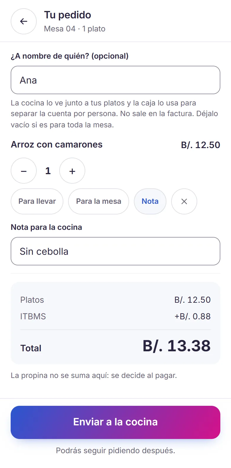 El pedido desde el QR de la Mesa 04, con el nombre «Ana» y la nota «Sin cebolla»